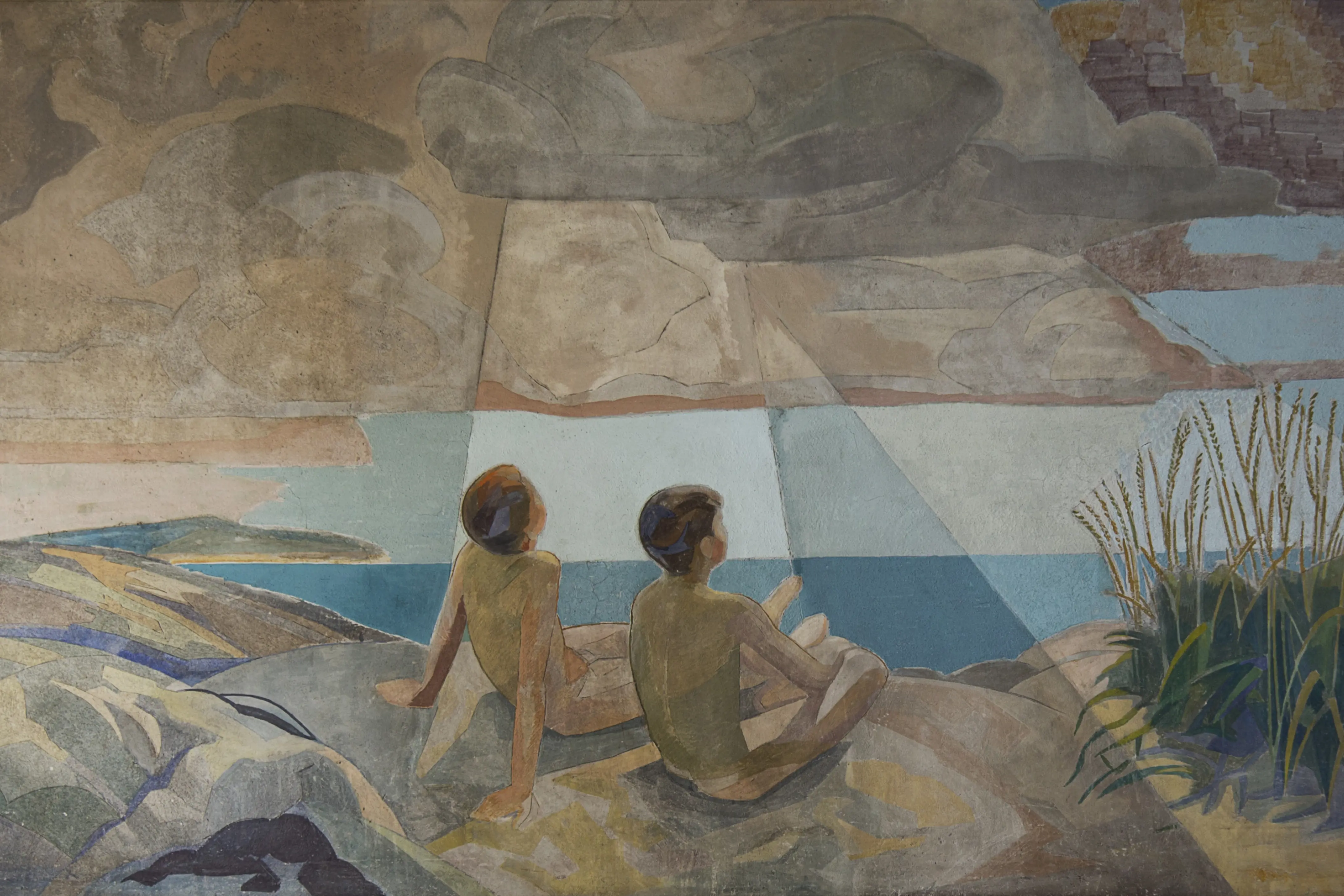 Freske som viser to nakne unge gutter som sitter på svaberg ved havet.