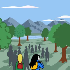 En gruppe mennesker som står i en sirkel med trær og fjell i bakgrunnen