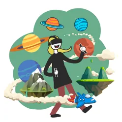 Illustrasjon av jentefigur som går mellom planeter med vr briller