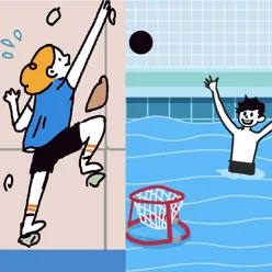 Tegning av en jente som klatrer og en gutt som bader i basseng