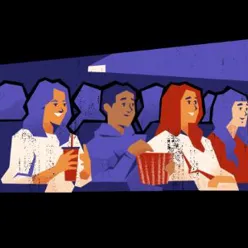 Illustrasjon av fire mennesker som sitter i en kinosal