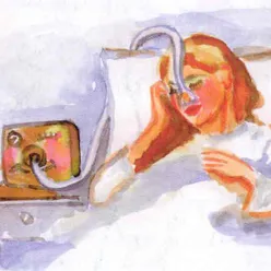 Akvarell maleri av sengeliggende kvinne med CPAP/hjemmerespirator.