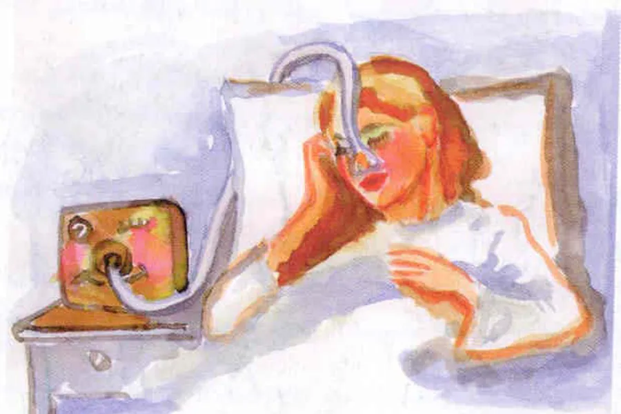 Akvarell maleri av sengeliggende kvinne med CPAP/hjemmerespirator.