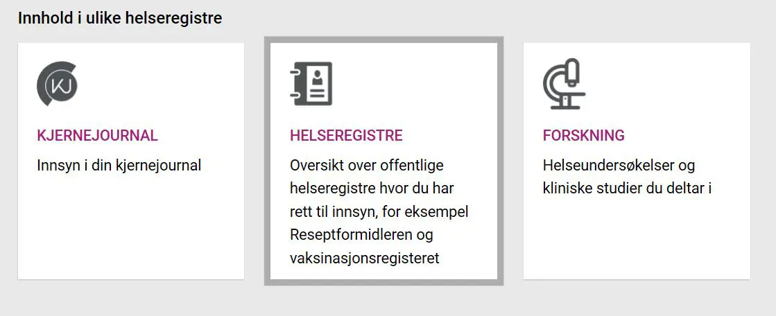 Viser valgmuligheter på helsenorge.no og ikoner for Kjernejournal, Helseregistre, Forskning.
