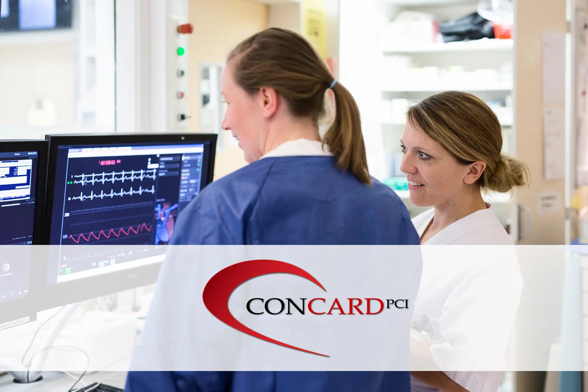 To sykepleiere ser på en skjerm. Logo for Concard på bildet