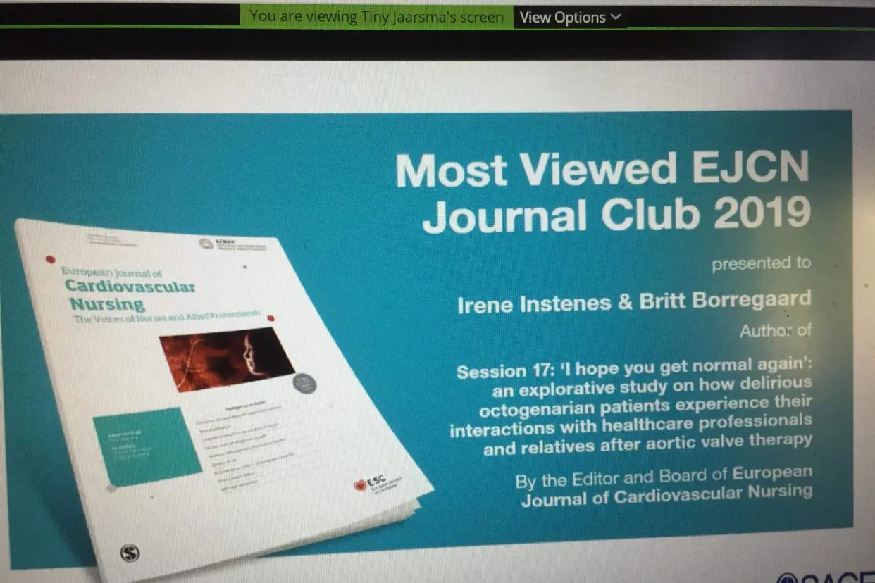 Skjermbilde fra den digitale prisutdelingen til European Journal of Cardiovascular Nursing