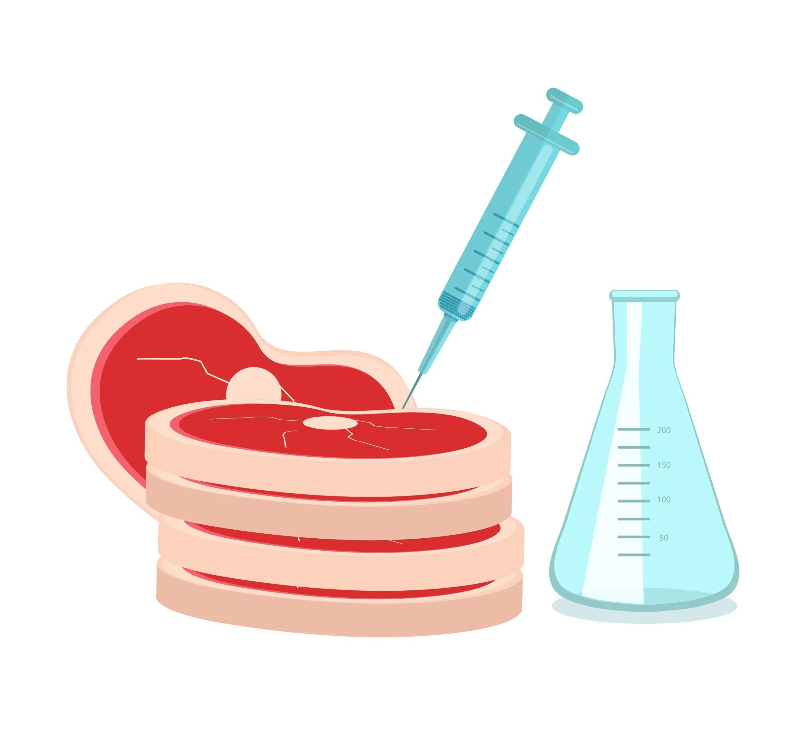 Illustration. Syringe pointed at some meatcuts and laboratory bottle. 