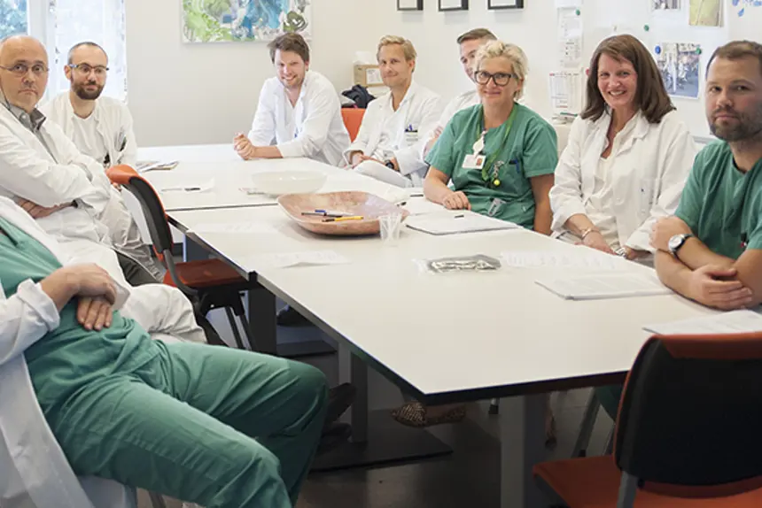 Gruppebilde av tilsette rundt bord på møterom. Foto