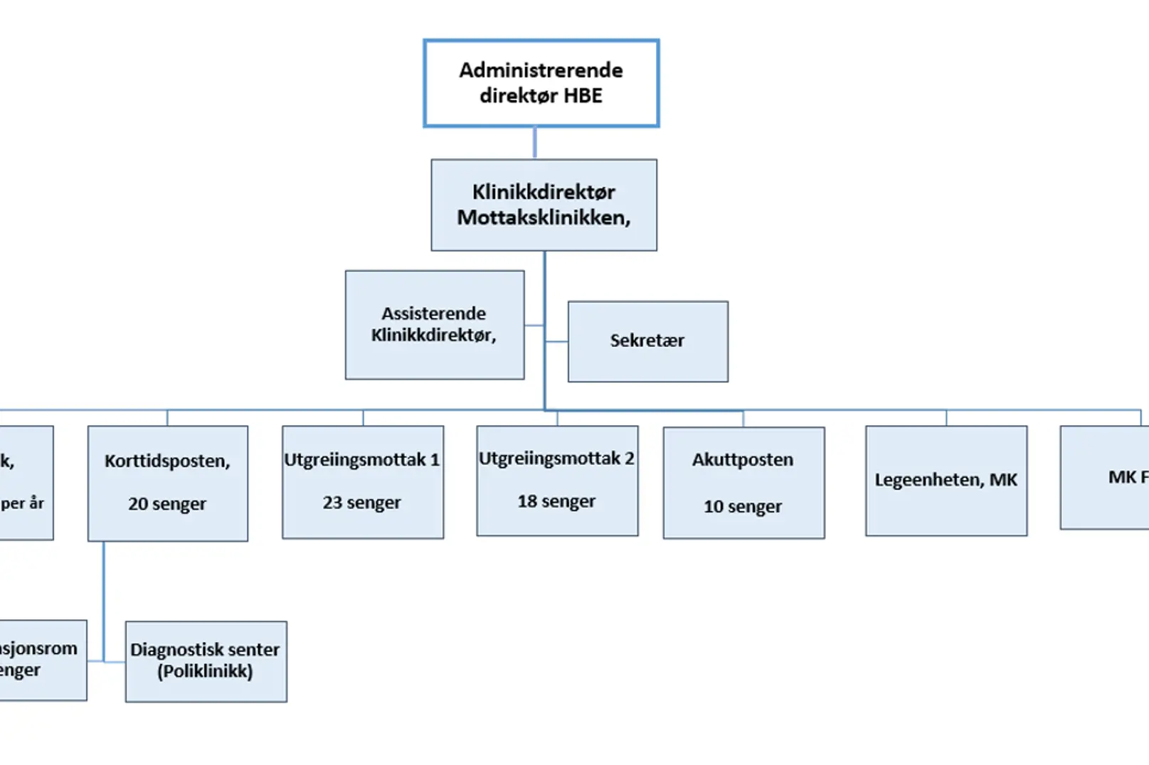Organisasjonskart for mottaksklinikken, modell som viser ledelse og organisasjonsstruktur og antall senger. Illustrasjon