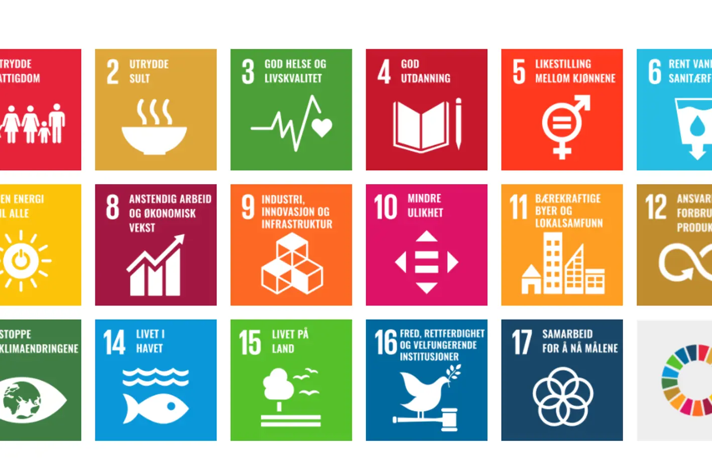 Illustrasjon. FNs 17 bærekraftsmål fremstilt samlet med ulike ikoner og farget bakgrunn. 