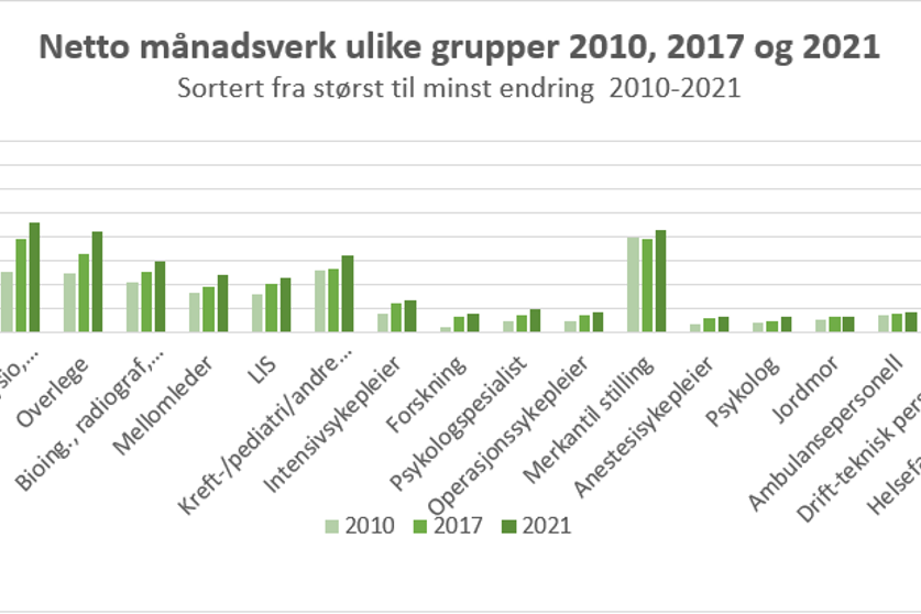 Grafikk. Søylediagram som viser utvikling netto månedsverk ulike grupper 2010, 2017 og 2021.