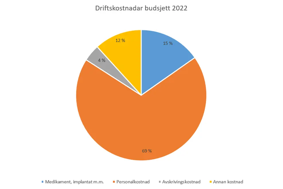 Grafisk illustrasjon. Kakediagram som viser fordelinga av driftkostnadar budsjett 2022.