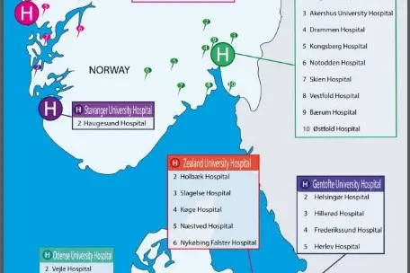 Figur: Viser oversikt over inkluderande sentre samt nedslagfelt for PCI pasientar.