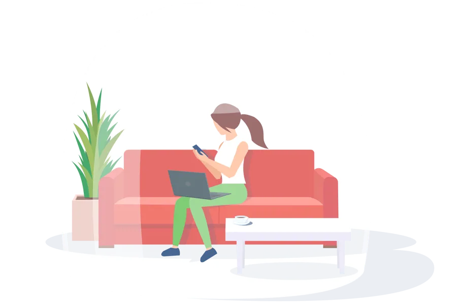 Ung kvinne sitter i sofa med laptop i fanget. Illustrasjon