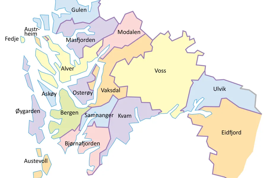 Kart over samarbeidskommunene i Helse Bergen sitt opptaksområde. Grafikk
