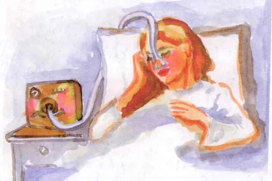 Kvinne i seng med maske. Illustrasjon