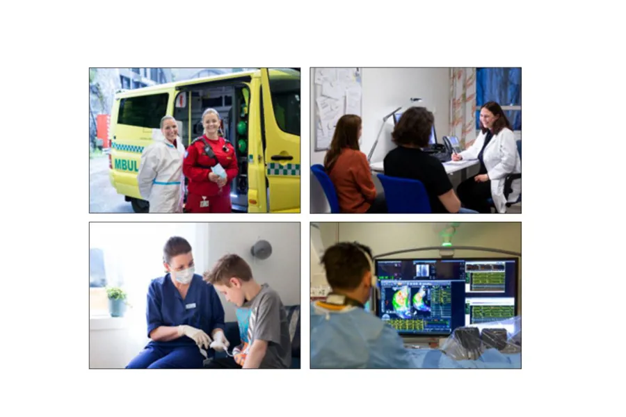 Bildemontasje med 4 bilder fra sykehusmiljø; ambulansemedarbeidere, pasientmøte med lege, avansert hjemmesykehus, operasjon.