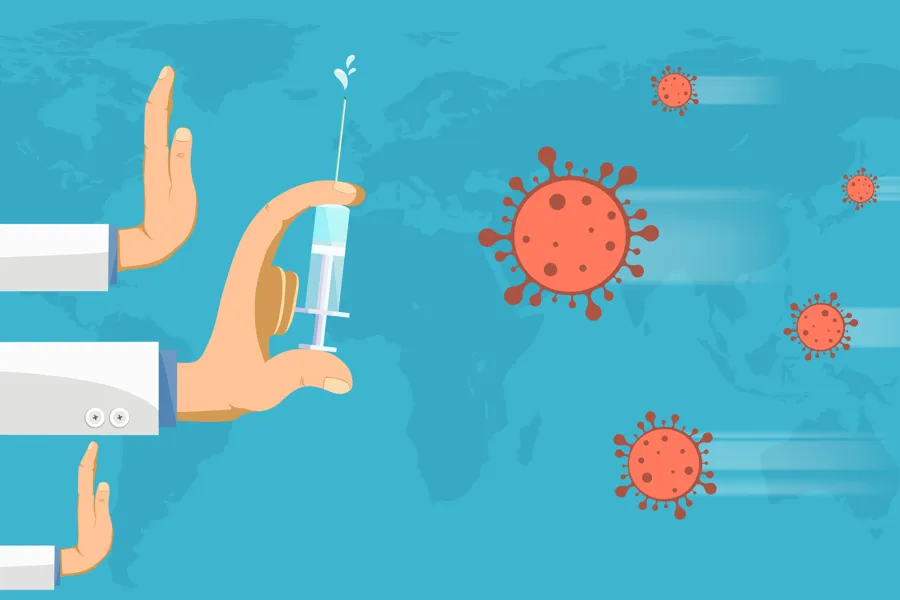 Hender med vaksinesprøyte og koronavirus. Illustrasjon 