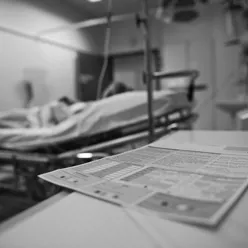 Interiør pasientrom på sykehus, pasient i seng ute av fokus, skjema ligger på nattbord. Sort-hvitt foto