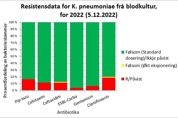 Grafisk fremstilling av resistensdata for K. pneumoniae frå blodkultur for 2022.