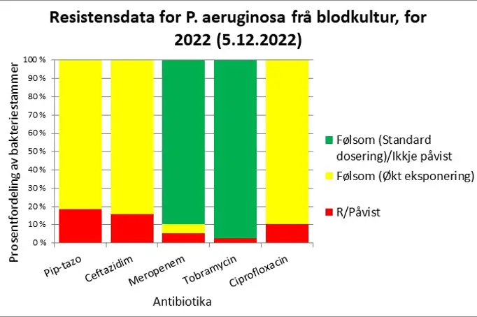 Grafisk fremstilling av resistensdata for P. aeruginosa frå blodkultur for 2022.