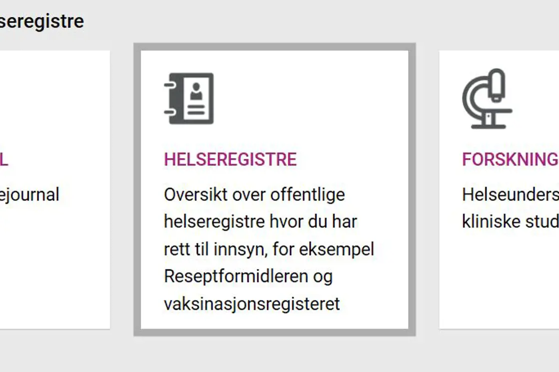 Valgmuligheter på helsenorge.no: Ikoner for Kjernejournal, Helseregistre, Forskning.