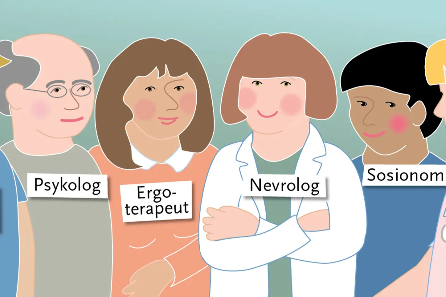 Illustrasjon av mennesker med ulike roller: Fysioterapeut, psykolog, ergoterapeut, nevrolog, sosionom, sykepleier