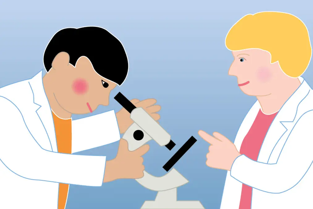 Illustrasjon av mann og kvinne i laboratoriefrakker ved mikroskop. Grafikk
