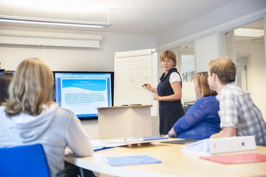 Foto&#58; Person står og underviser forran skjerm.