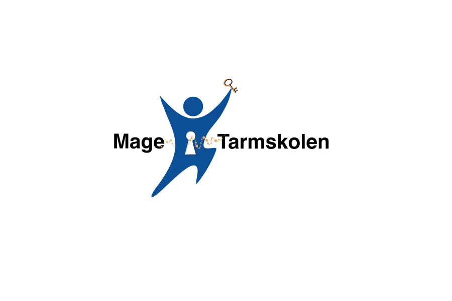 Logo mage-tarmskolen på internett. Blå  menneskefigur med nøkkelhull på magen og nøkkel i hånden. Illustrasjon.