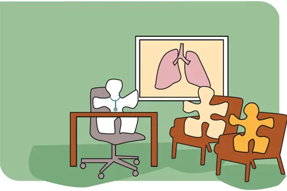 Puslespillbit med stetoskop i stol bak pult og to puslespillbiter i stoler, bilde av lunger på veggen. Illustrasjon