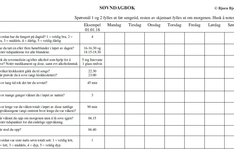 Skjema for søvndagbok / selvrapportering på ulike faktorer for søvn de enkelte ukedagene. Foto