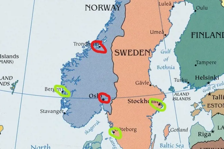 Europakart med avmerket fire  regionale sentre i Norge, samt  2 i Sverige, 1 i Danmark og 1 i Nederland. Grafikk