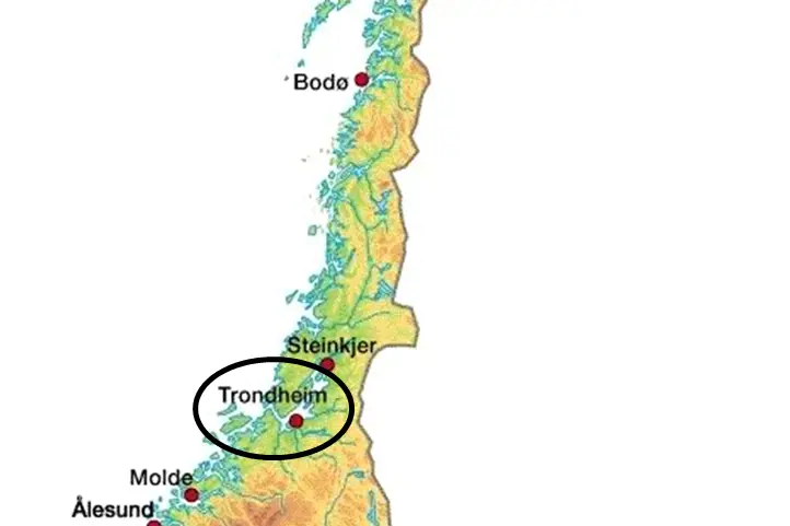 Norgeskart hvor de fire regionale sentrene er avmerket; Bergen, Oslo, Trondheim og Tromsø.
