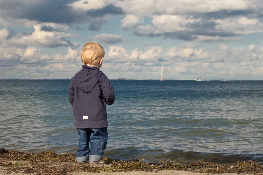 Liten gutt med mørkblå jakke og blond hår står med ryggen til på strand og ser utover havet og blå himmel med skyer. Foto