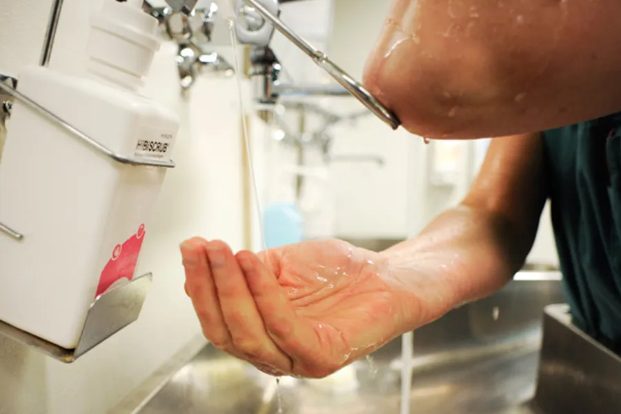 Person vasker hender. Foto