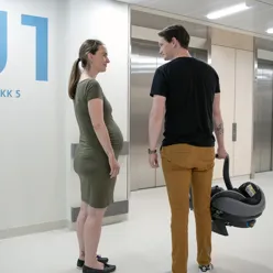 A man and a pregnan woman standing in a hallway in front of elevator doors