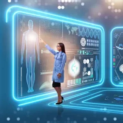Kvinne med stetoskop peker på stor touch screen med menneskemodeller og vitenskapelig informasjon i futuristisk stil.