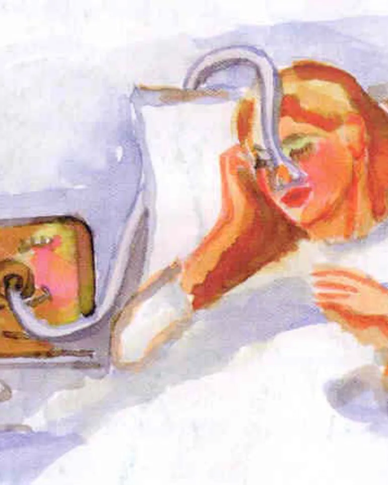 Akvarell maleri av sengeliggende kvinne med CPAP/hjemmerespirator.