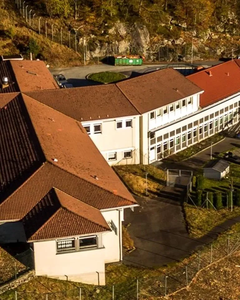 En gruppe bygninger med trær på baksiden