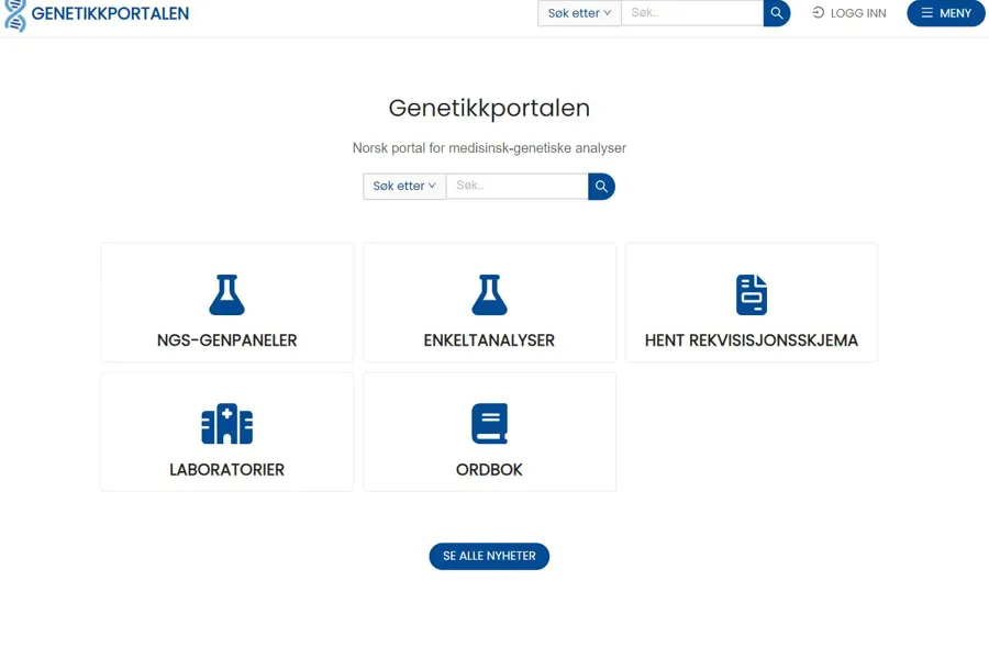 Skjermdump av forsiden på Genetikkportalen.