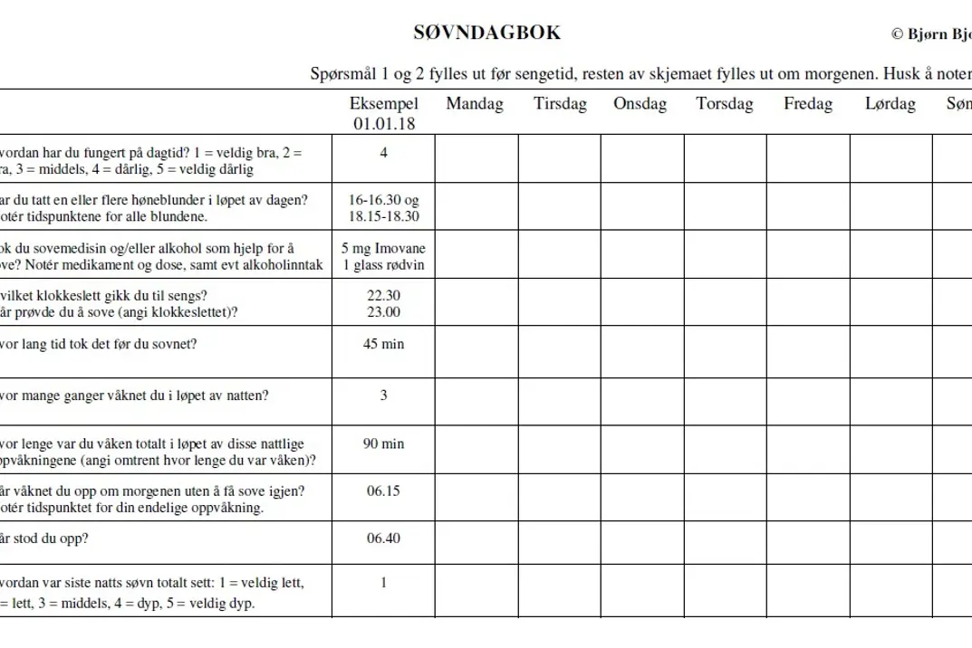 Skjema for søvndagbok / selvrapportering på ulike faktorer for søvn de enkelte ukedagene. Foto