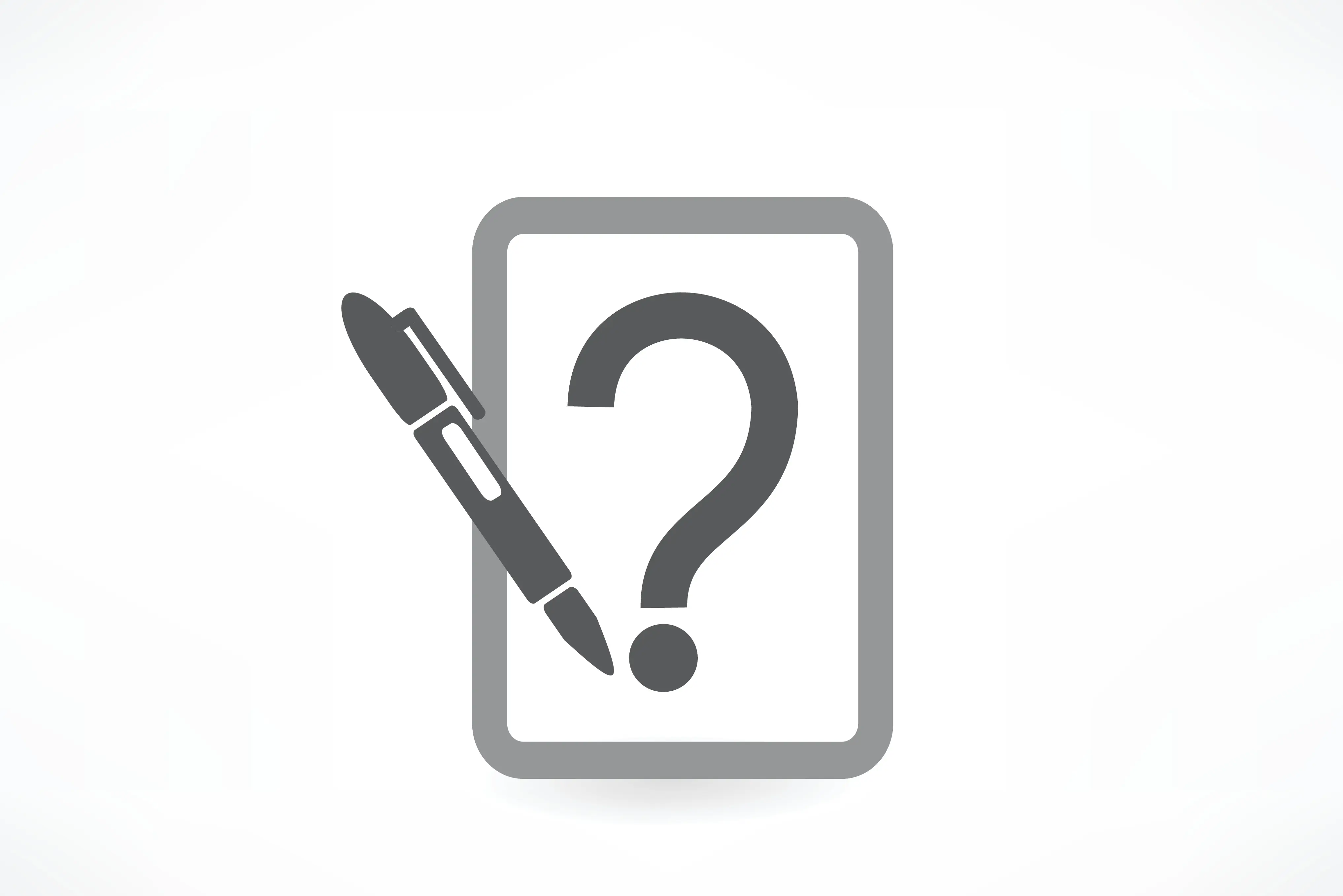 Grafisk illustrasjon med firkant med spørsmålstegn og penn.